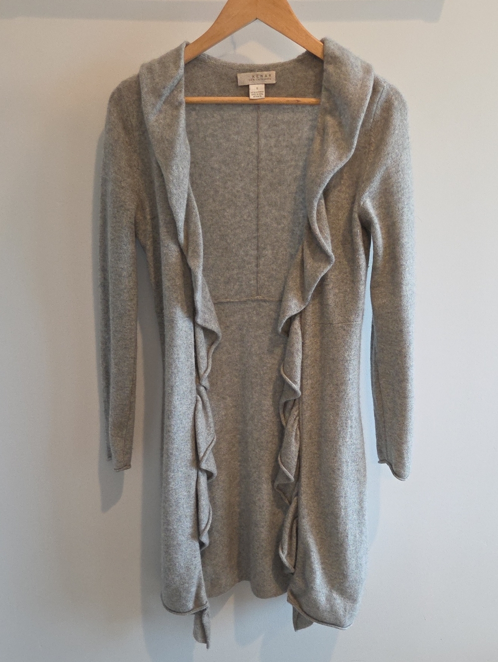 Kenar Light Gray Ruffle-Front Long Cardigan - Picture 1 of 3